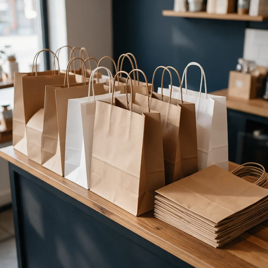Bolsas de papel kraft y blancas con asa en el mostrador de una tienda