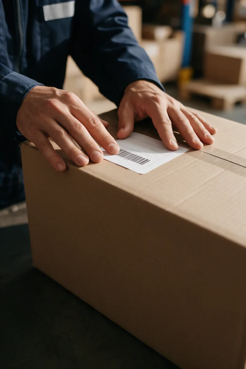 Transportista pegando una etiqueta adhesiva con código de barras en una caja