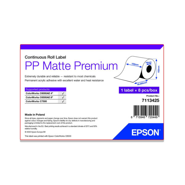 Rollo etiquetas continuo epson mate polipropileno premium 102 x 55 m