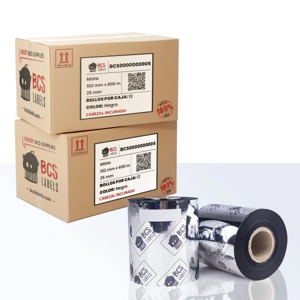 Ribbon mixta negro de 102 mm x 600 m con eje de 25 mm