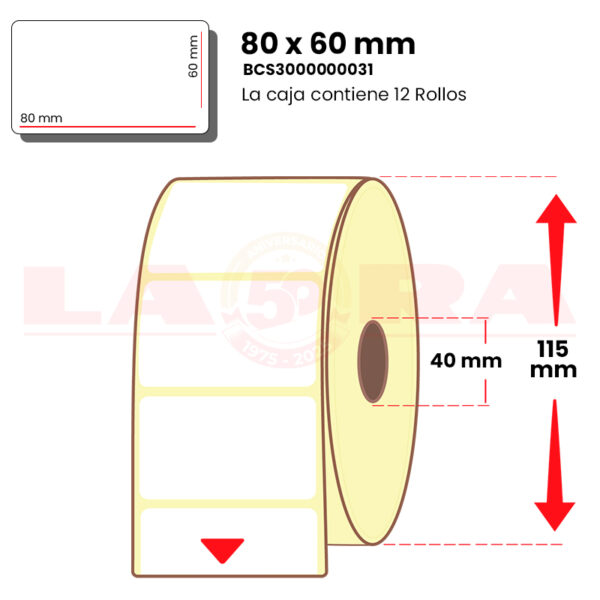 Rollo de 1000 etiquetas térmico normal 80 x 60 mm acrílico - imagen 3
