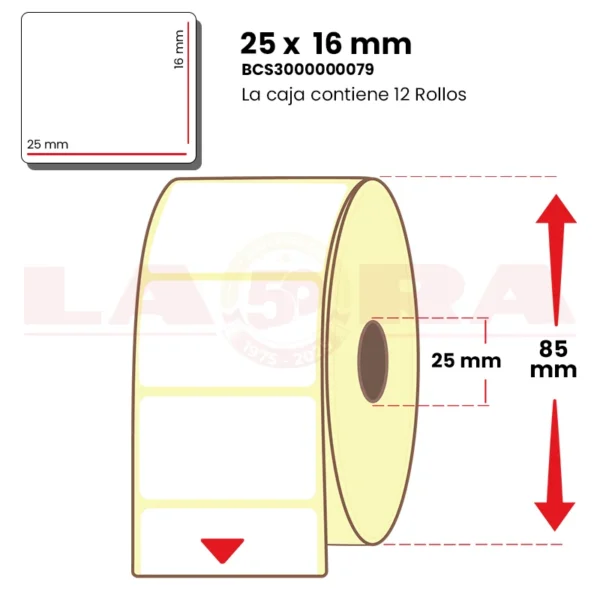 Rollo de 2500 etiquetas polipropileno blanco 25 x 16 mm acrílico - imagen 2