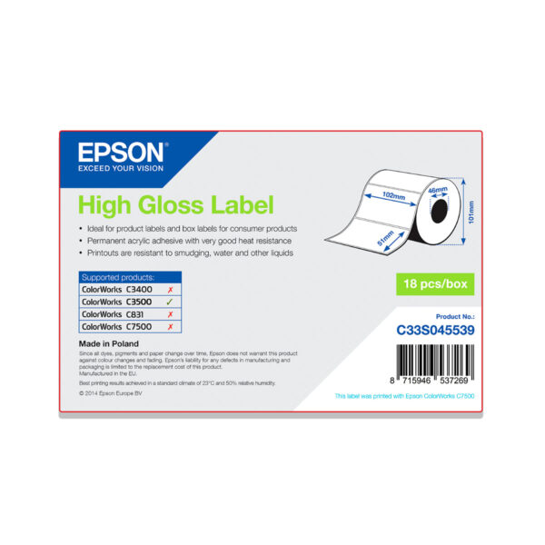 Rollo etiquetas epson alto brillo 102 x 51 mm