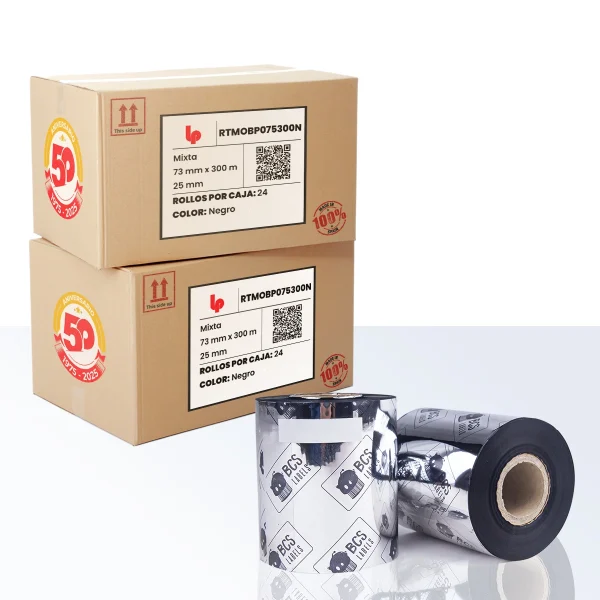 Ribbon mixta negro de 73 mm x 300 m con eje de 25 mm