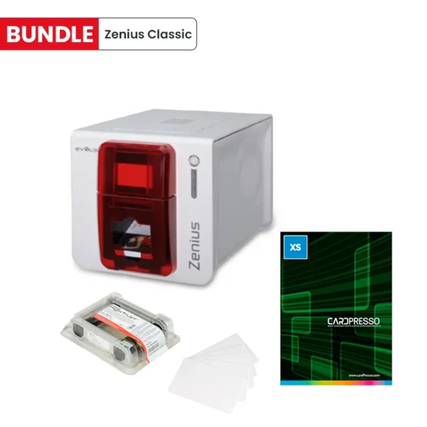 Bundle zenius classic - impresora usb + cinta ymcko + 100 tarjetas pvc + software emedia cs