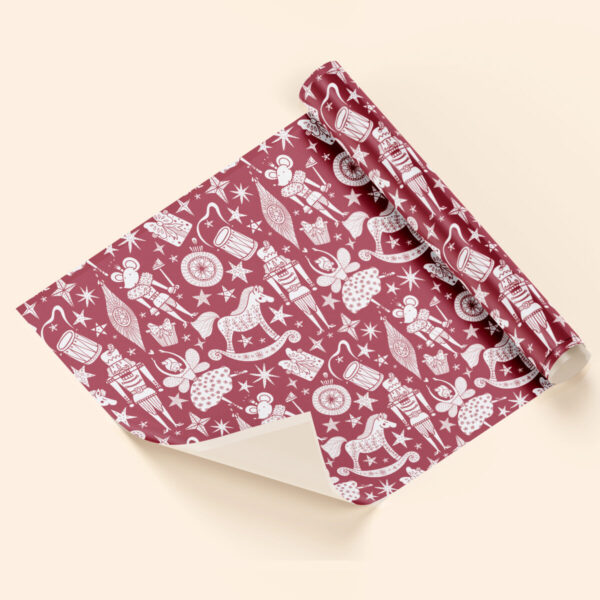 Papel de regalo juguetes madera burdeos