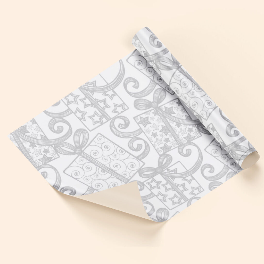 Bobina de papel de regalo blanco plata
