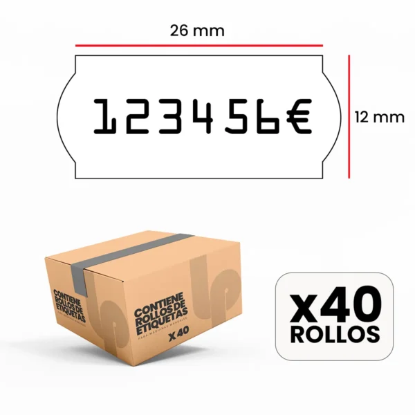 Estuche 40 rollos | 1. 500 etiquetas 26x12 mm blancas | adhesivo permanente