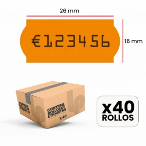 Estuche 40 rollos | 1.000 etiquetas 26×16 mm calabaza | adhesivo permanente