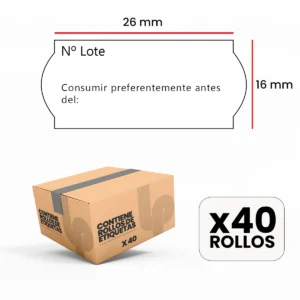 Estuche 40 rollos | 1.000 etiquetas 26×16 mm “Lote Fabricación” | adhesivo permanente