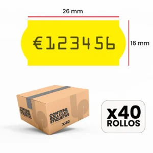Estuche 40 rollos | 1.000 etiquetas 26×16 mm flour | adhesivo permanente