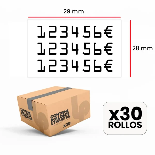 Estuche 30 rollos | 700 etiquetas 29x28 mm blancas | adhesivo permanente