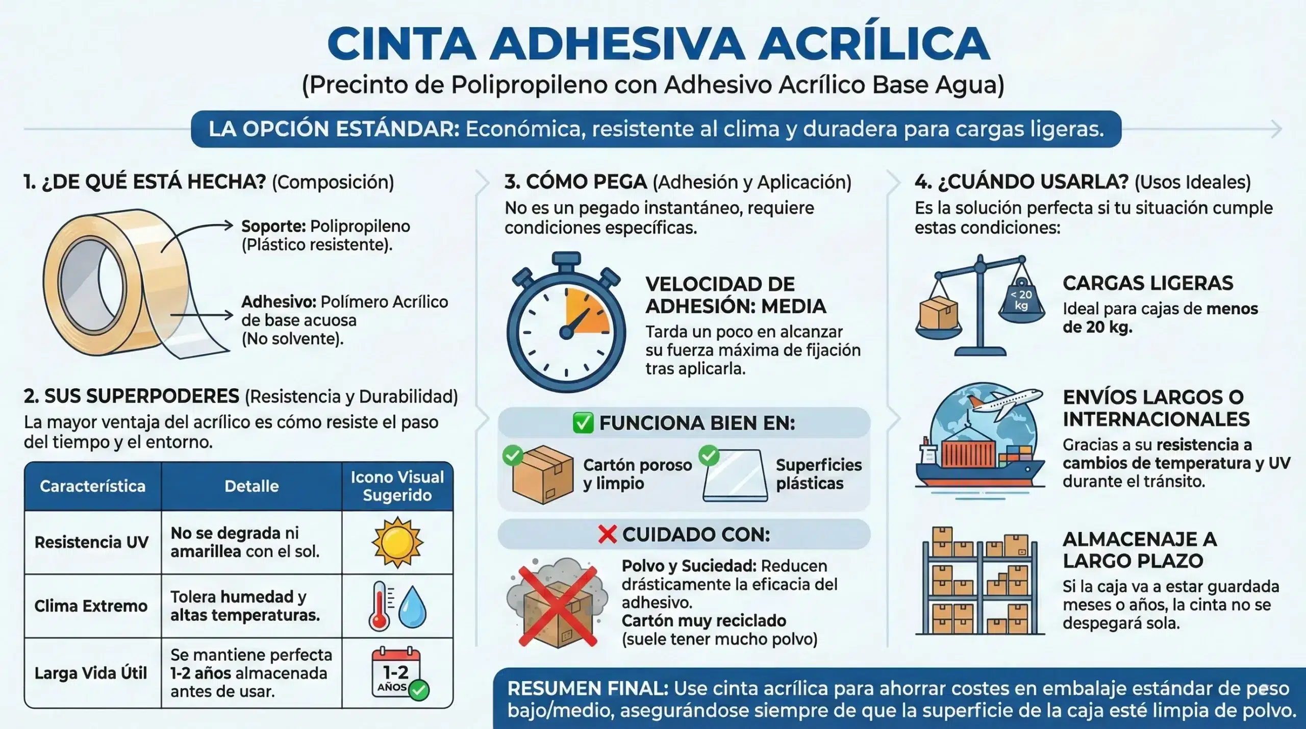 Infografía detallada sobre la cinta adhesiva acrílica, que explica su composición (polipropileno y adhesivo acrílico base agua), sus características de resistencia al clima y rayos uv, su velocidad de adhesión media, y sus usos ideales para cargas ligeras, envíos largos y almacenaje a largo plazo.