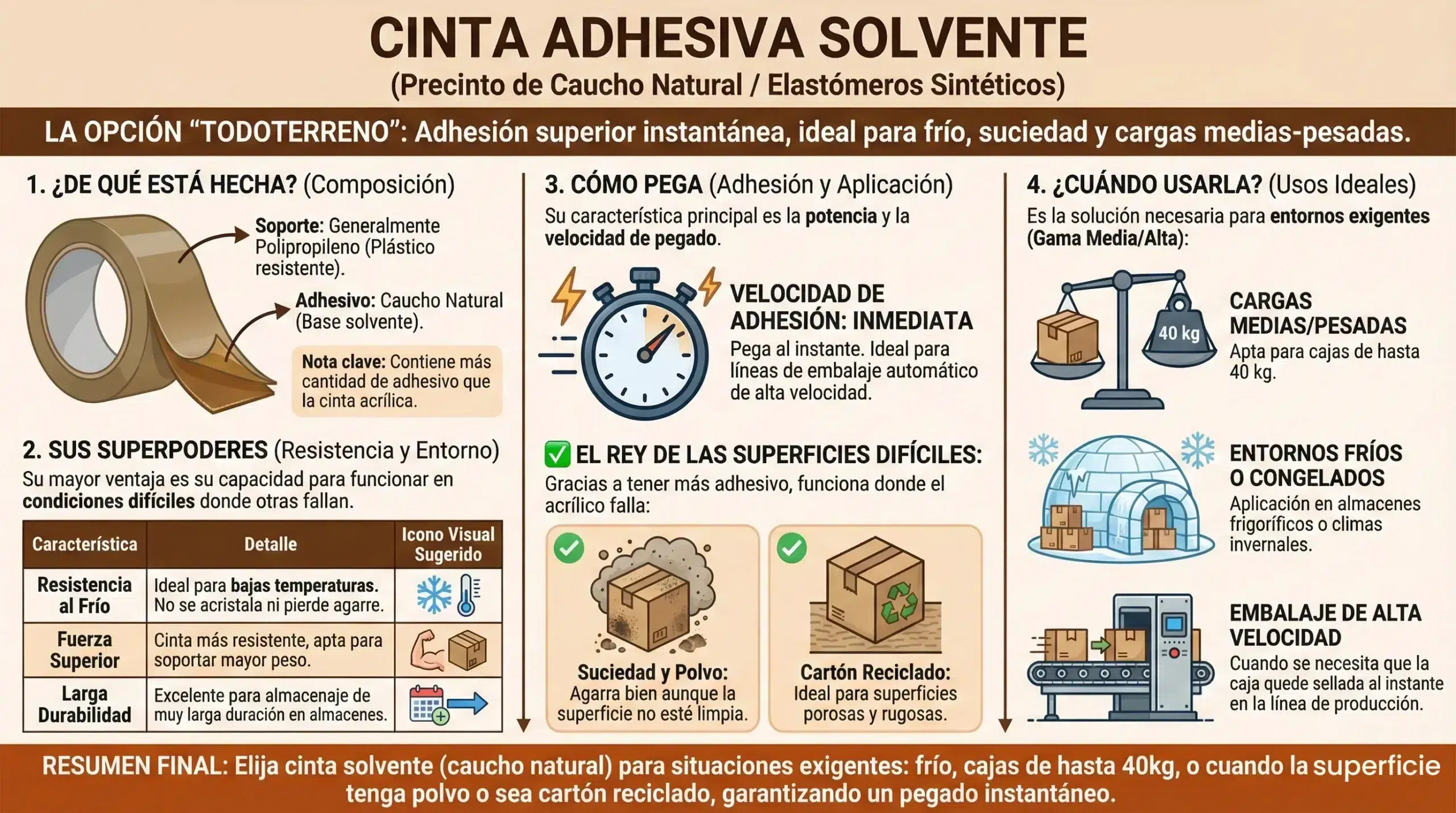 Infografía detallada sobre la cinta adhesiva solvente (precinto de caucho natural). Explica su composición, su adhesión superior instantánea, su resistencia al frío y a la suciedad, y sus usos ideales para cargas medias-pesadas (hasta 40kg) y embalaje de alta velocidad.