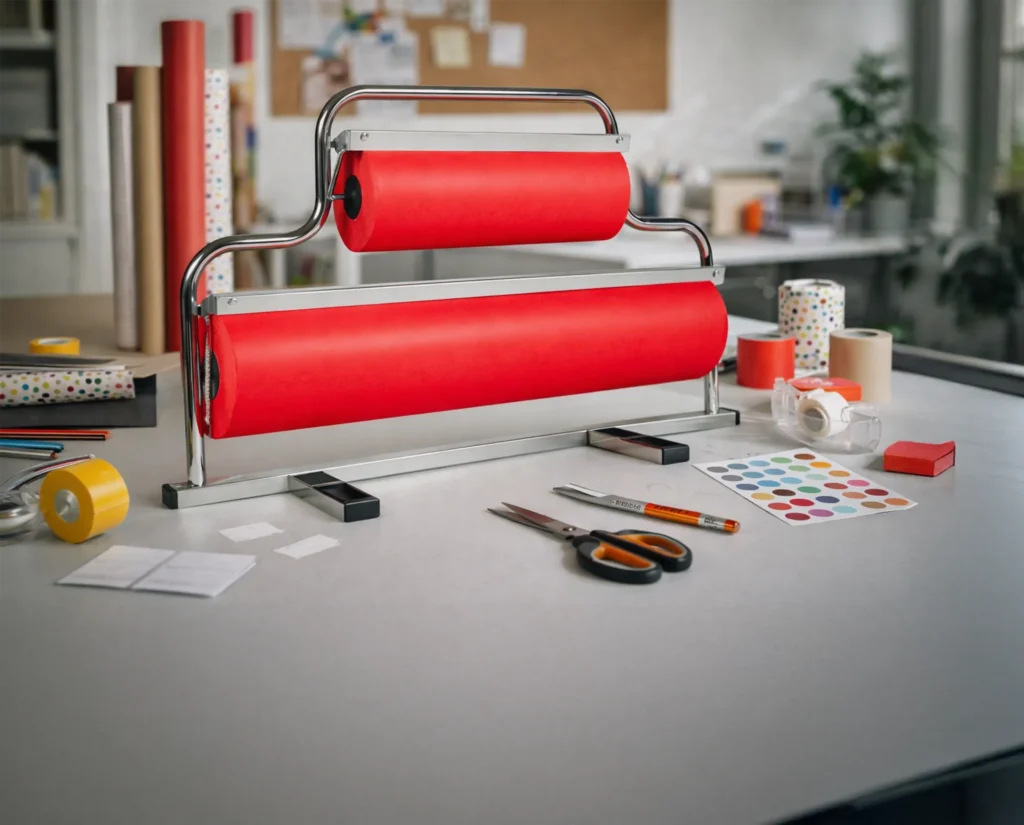 Portabobinas de papel horizontal de 2 cuerpos para bobinas de 70 y 35 cm, modelo cromado para tiendas en sevilla