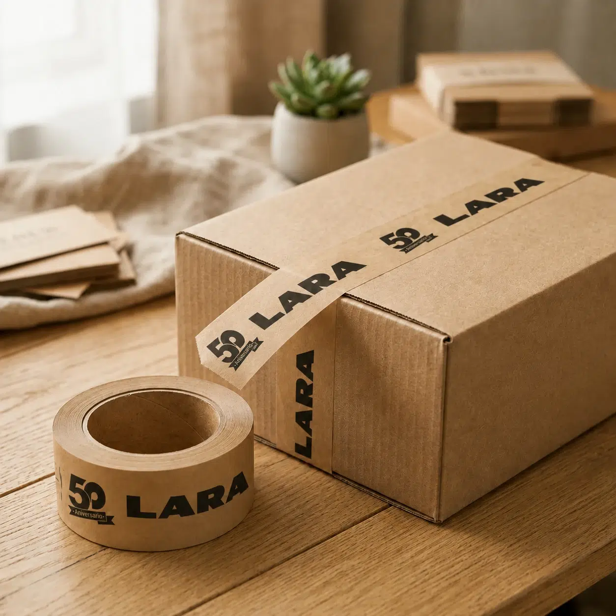 Precinto kraft personalizado con logotipo en caja de cartón — lara andalucía